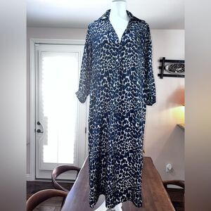 Senes Leopard Print 3/4 Sleeve Italian Dress, Midi Length Pockets V-Neck Mobwife